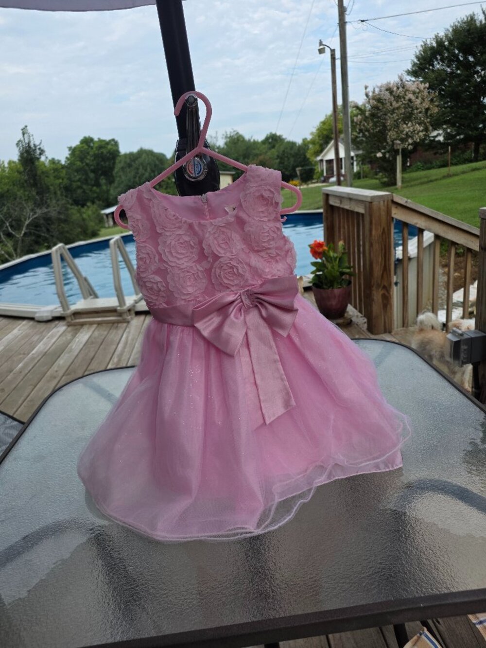 Girls Pink 3D Rosette Tulle Princess Dress - Satin Bow